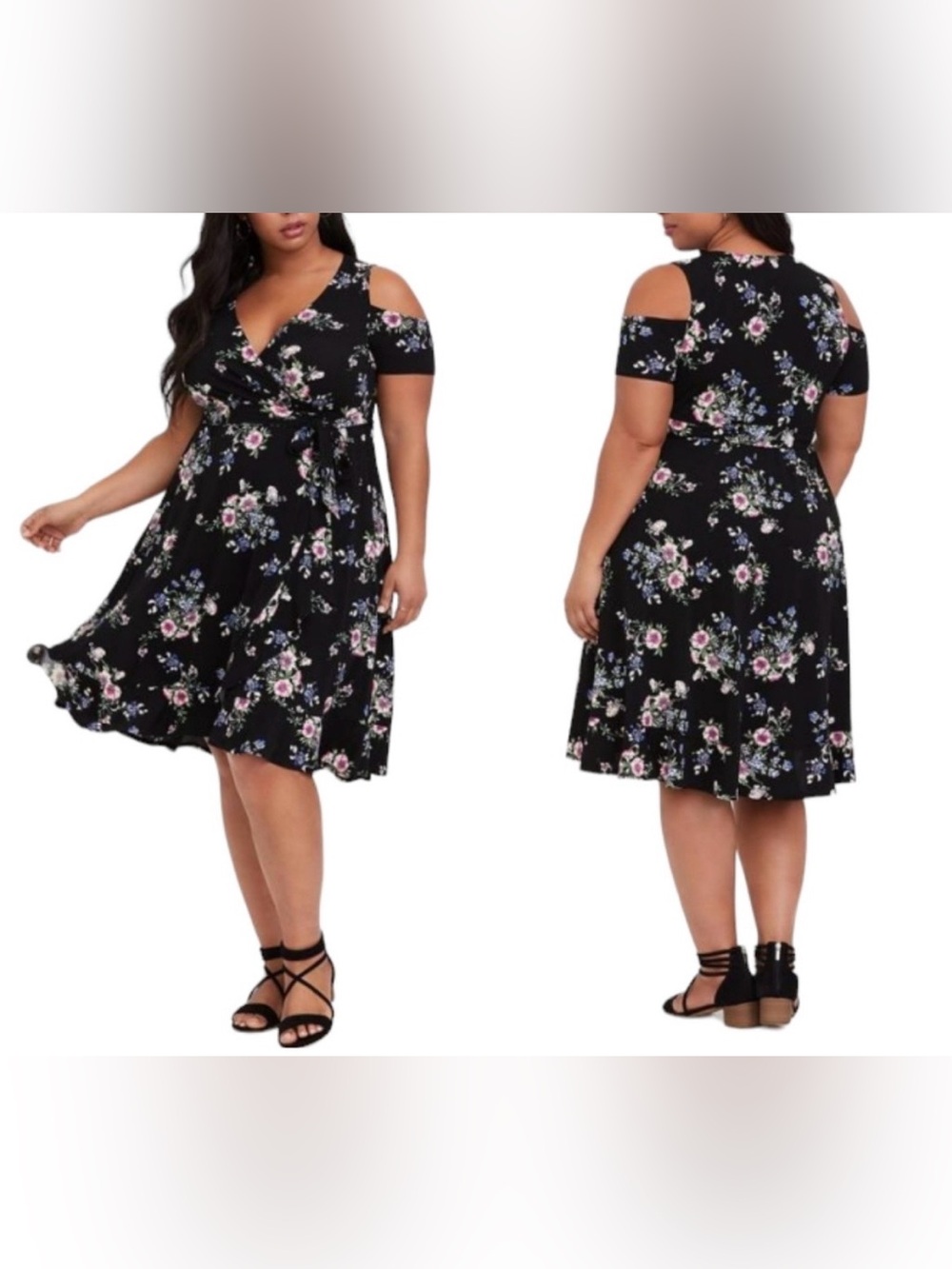 torrid Black Floral Wrap Top with Pink, Blue & White With Shoulder Cut Outs